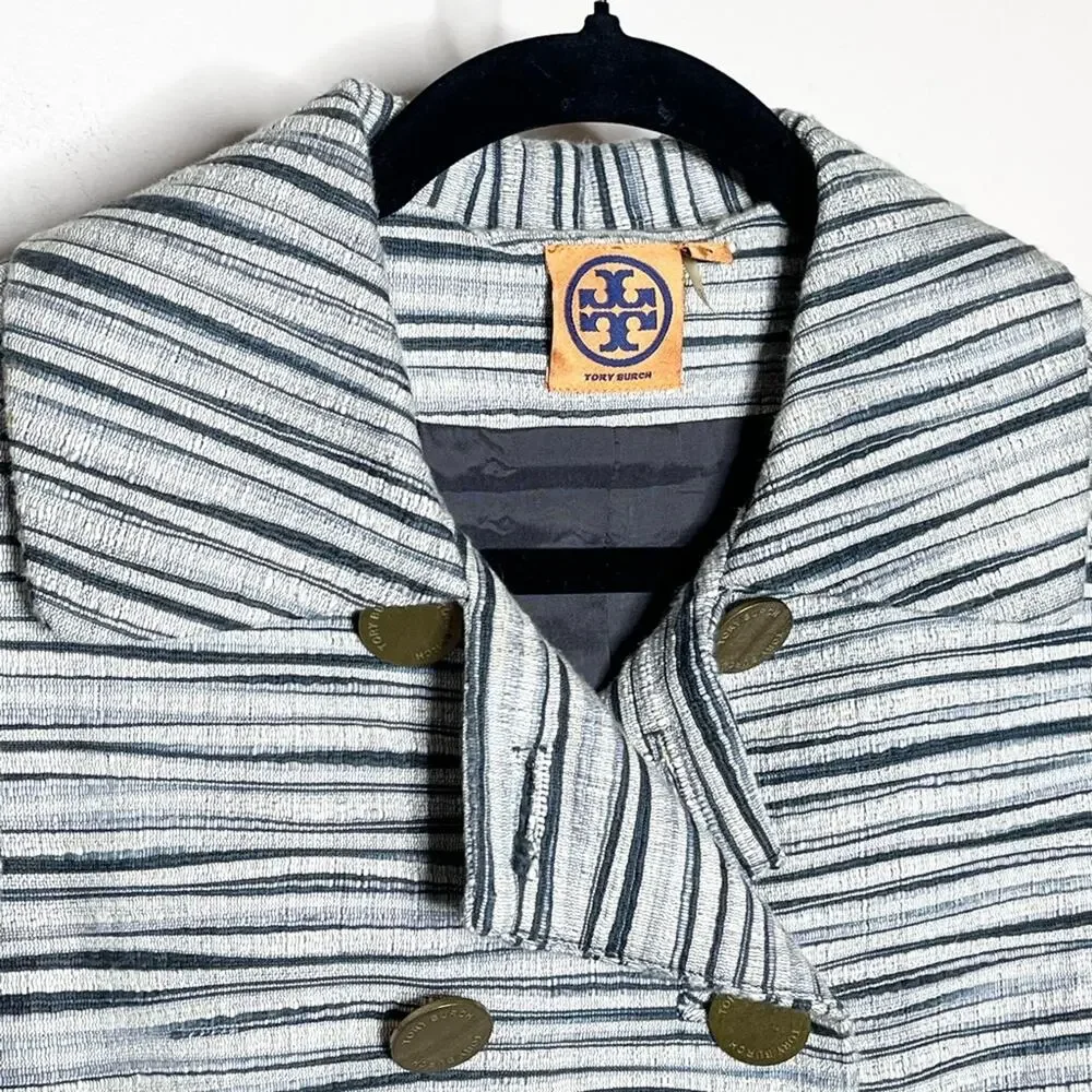 TORY BURCH Gray Cream Striped Double Breasted Pea Coat Jacket Size 4 Designer